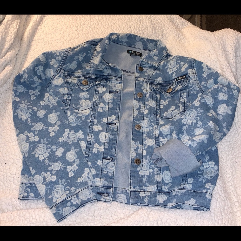 EUC Girls Rose Print Denim Jacket